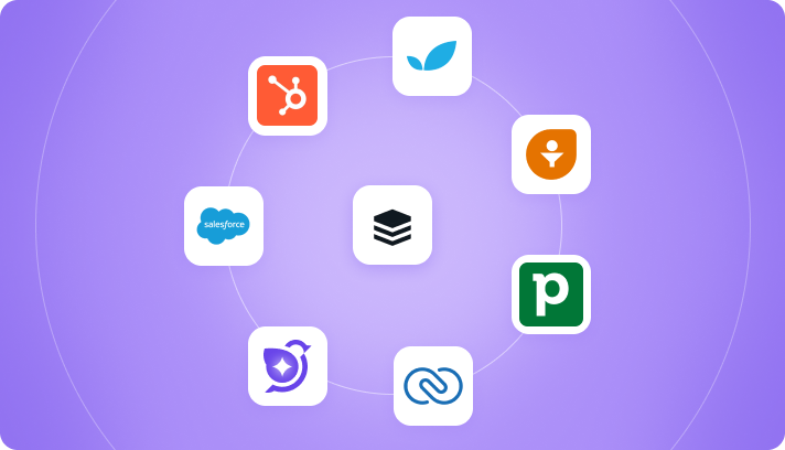 CRM integration illustration featuring HubSpot, Salesforce, Zoho, Pipedrive, Freshsales, Copper, and Databricks connected around a central platform icon.